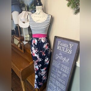 Striped and Floral Maxi Slimming Dress